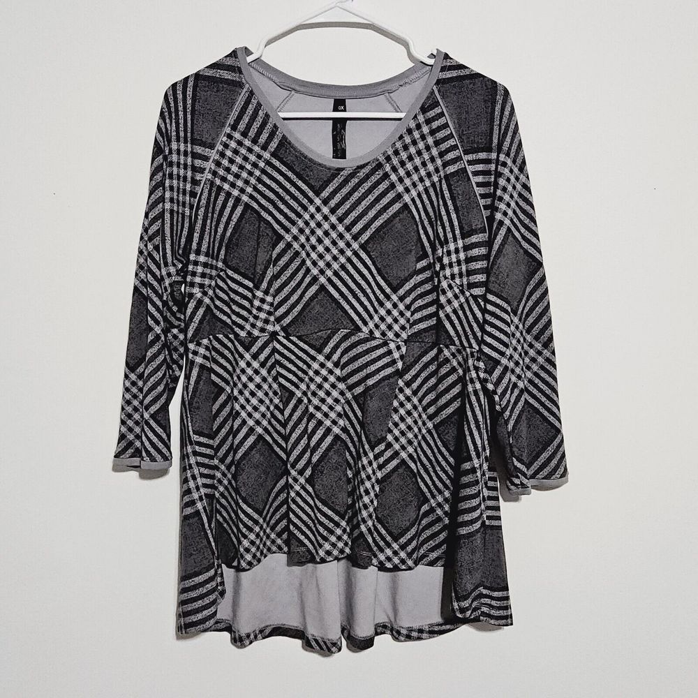 Melissa McCarthy Seven7 Plus Size Top 0X Peplum Blouse Stretch Gray Black Plaid